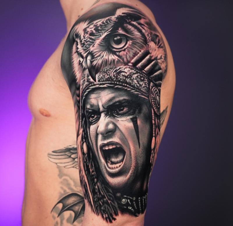 Indian Owl Warrior Tattoo